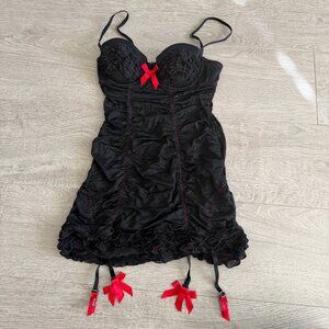 Victoria’s Secret Sexy Little Things Black Babydoll Chemise 34B Pink Bow Garter